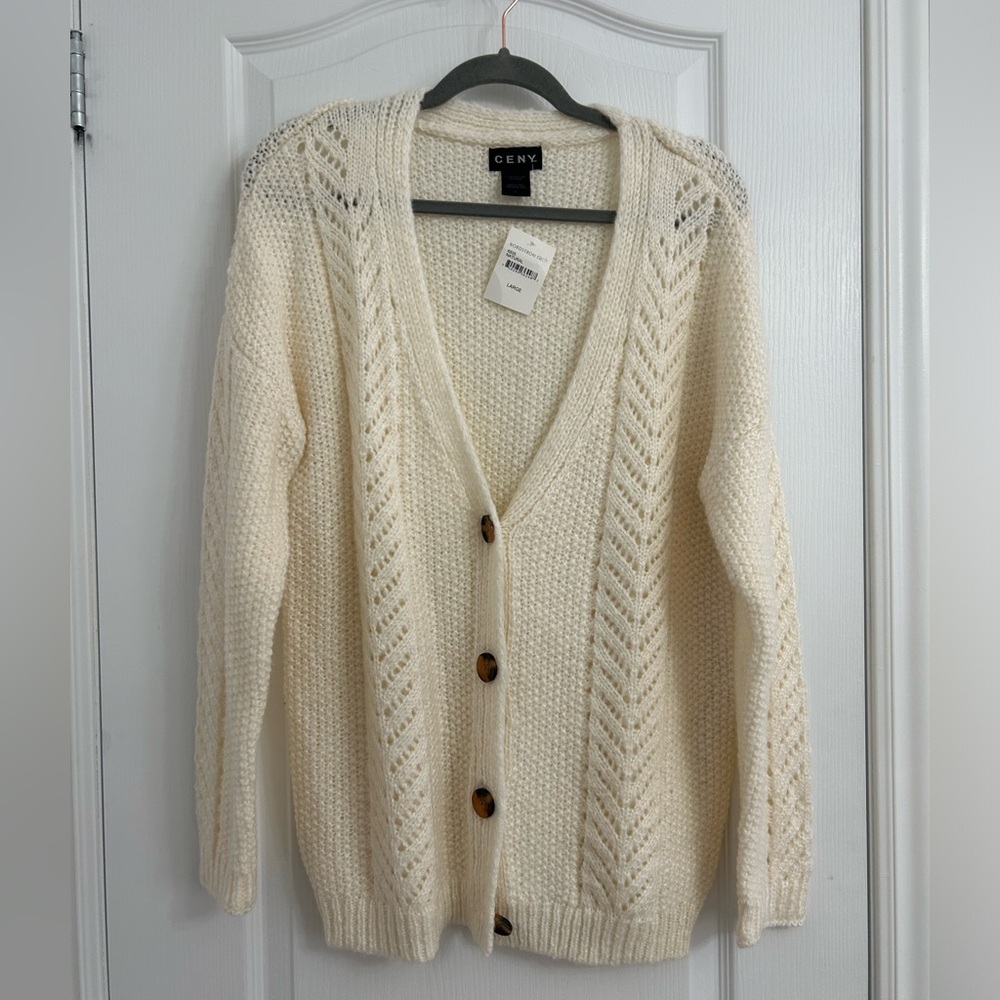 NWT CENY Nordstrom Brand Cream Knit Button Cardigan Size L